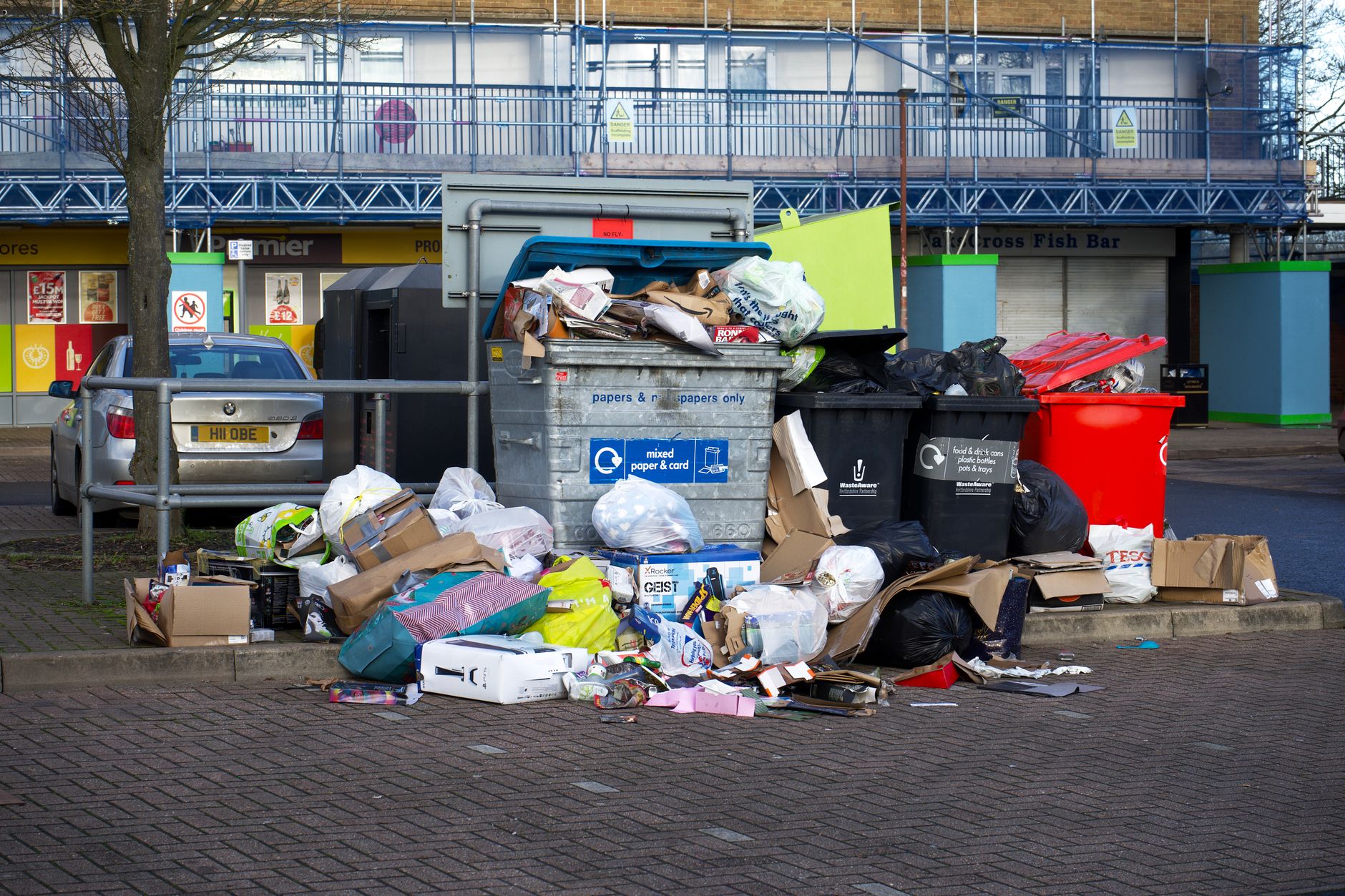 Bales of sorted recyclable material in a warehouse